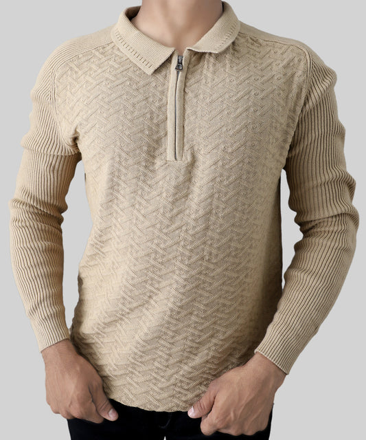 Zipper Knitted Men Full Sleeve T-shirt