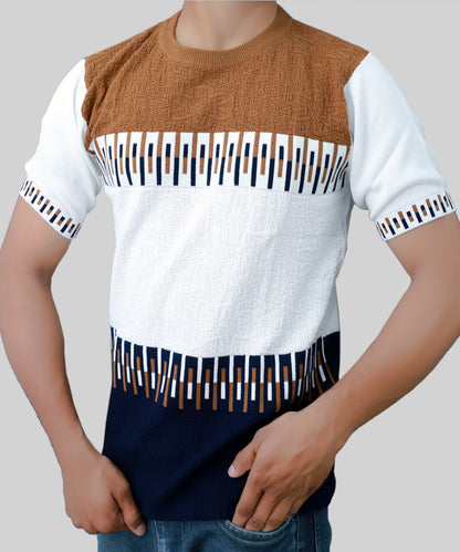 Knitted T-Shirt Men Half Sleeve Zip Line Pattern