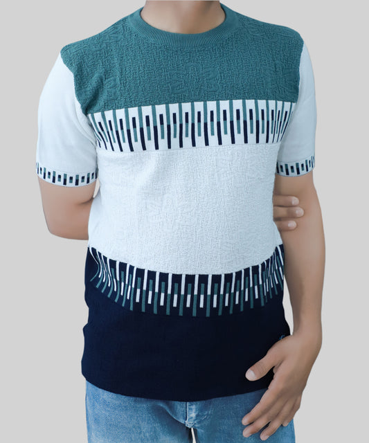 Knitted T-Shirt Men Half Sleeve Zip Line Pattern