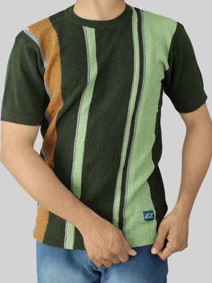 Knitted T-Shirt Men Half Sleeve Vertical Stripes Line