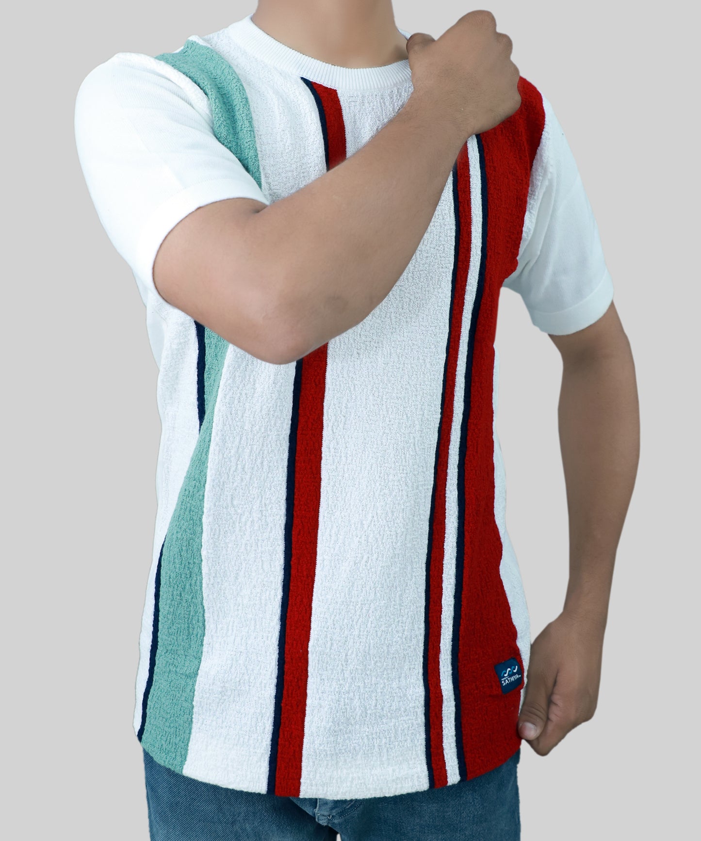 Knitted T-Shirt Men Half Sleeve Vertical Stripes Line