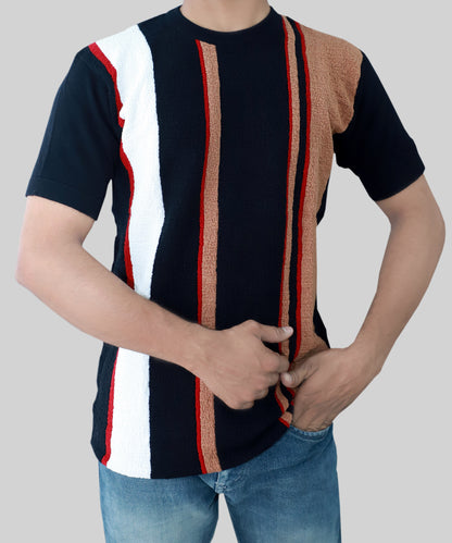 Knitted T-Shirt Men Half Sleeve Vertical Stripes Line