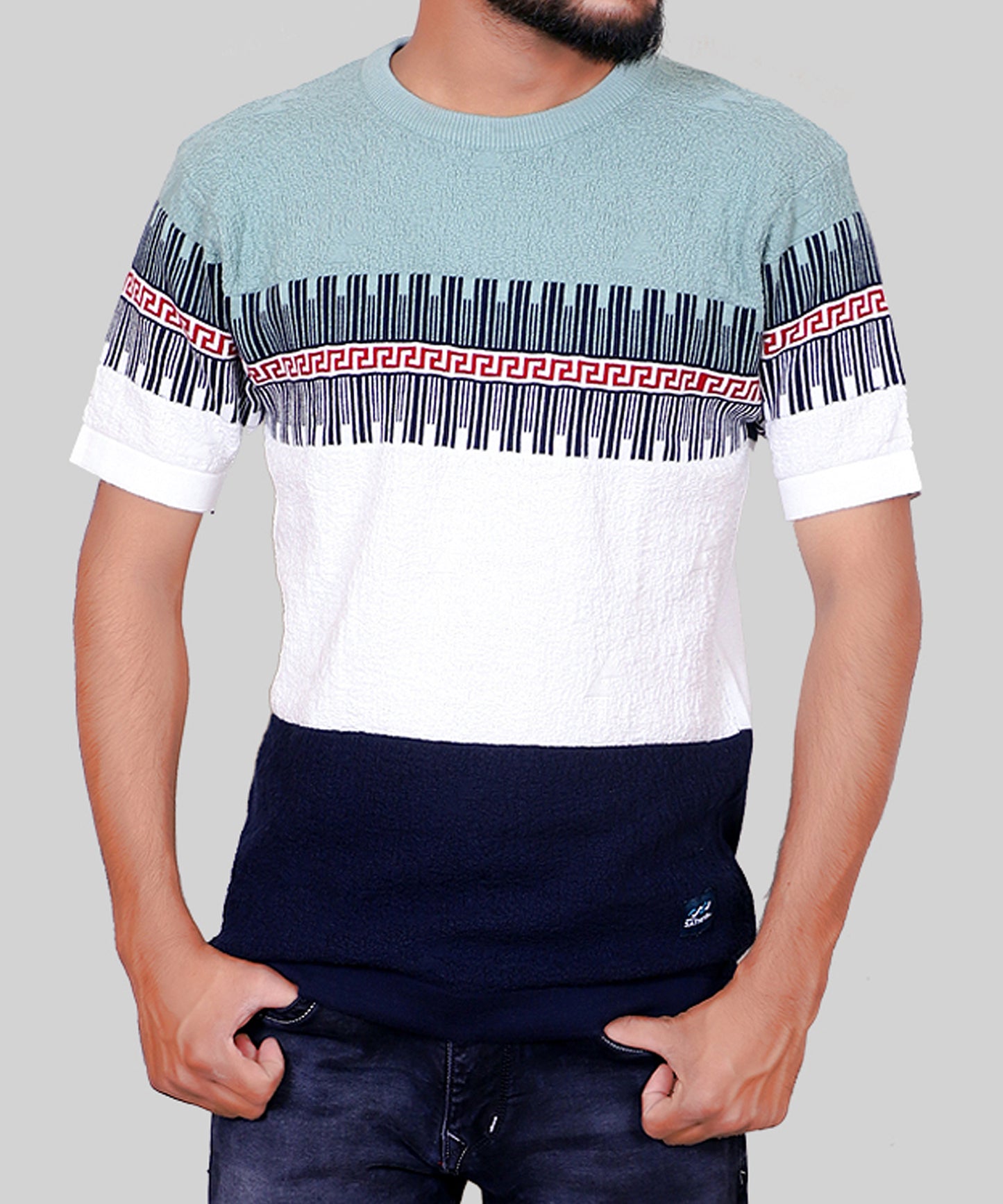 Knitted T-shirt Men Half Sleeve Zigzag Line Style