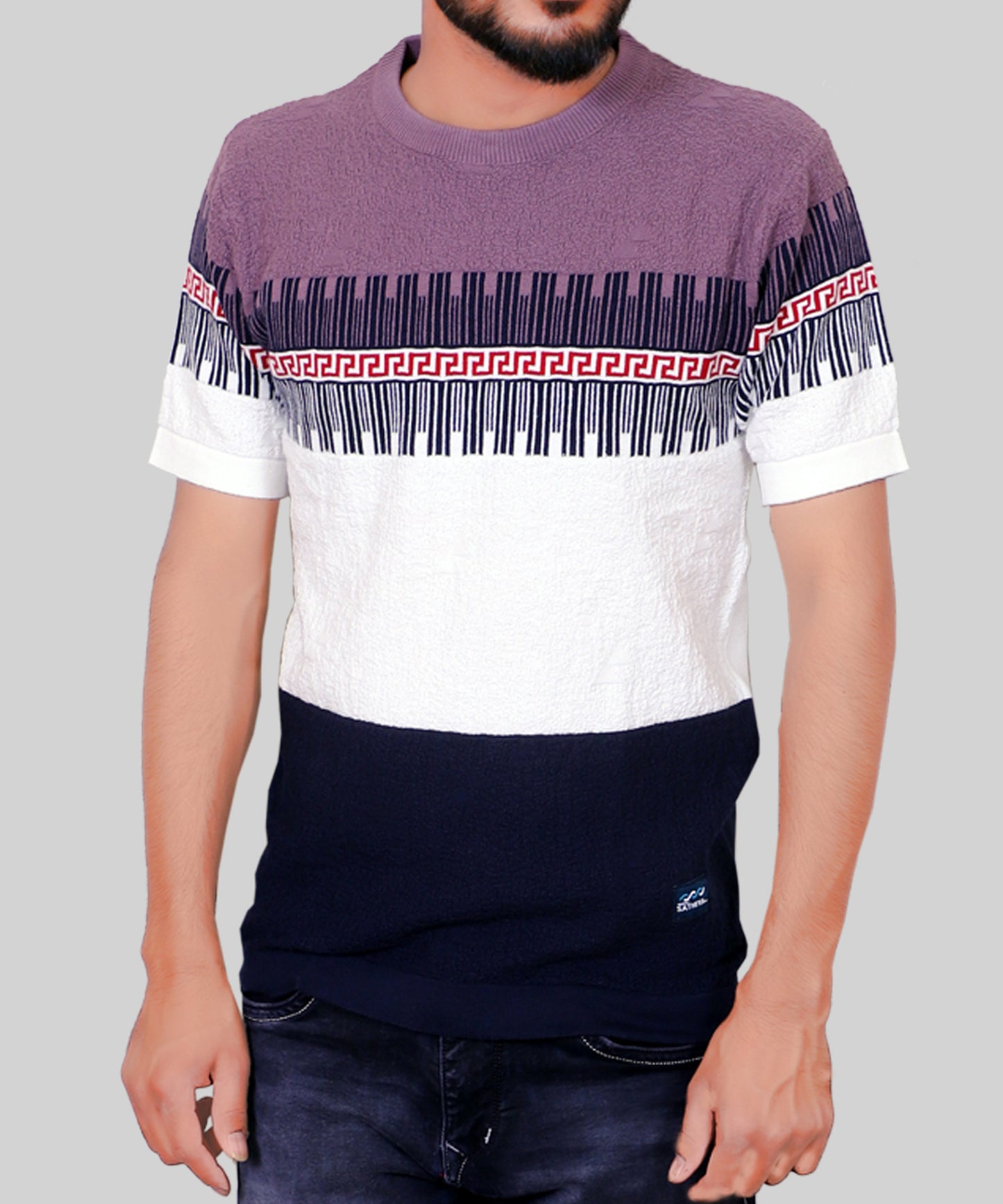 Knitted T-shirt Men Half Sleeve Zigzag Line Style