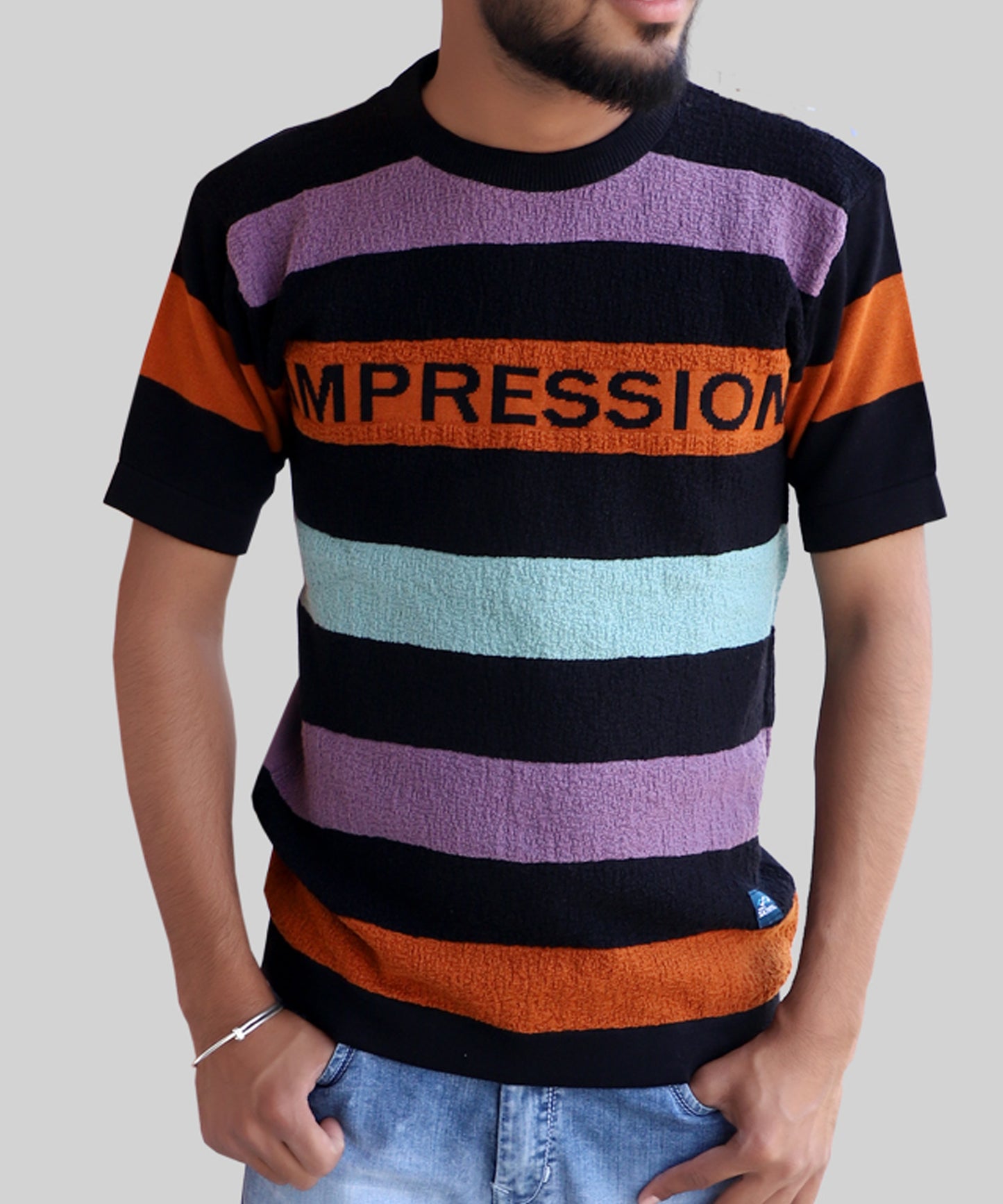 Knitted T-shirt Men Half Sleeve Impression Style