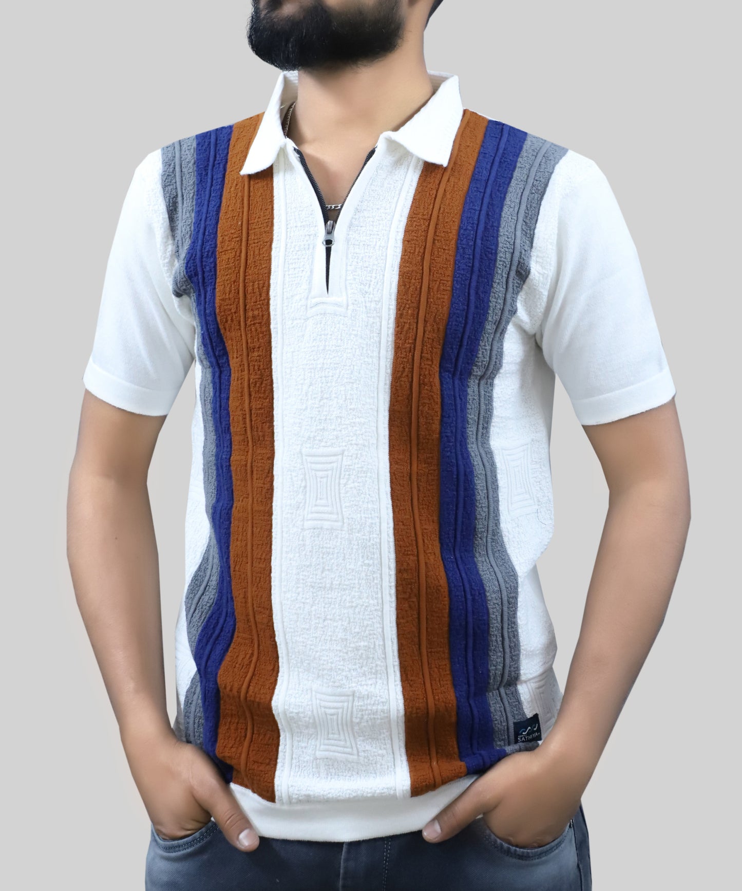 Knitted T-shirt Men Half Sleeve Vertical Lines