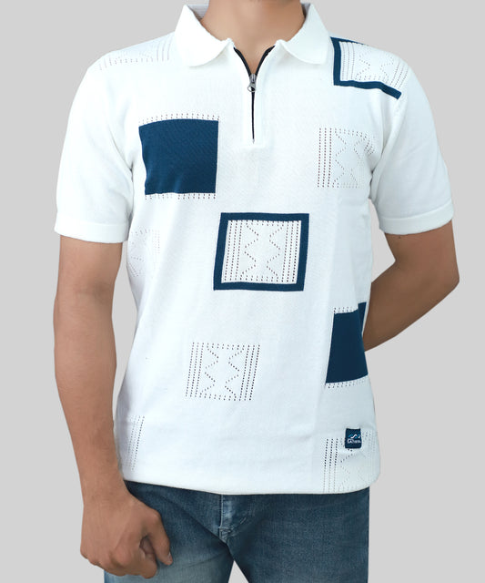 Knitted Men Half Sleeve Cube Pattern Polo T-shirt