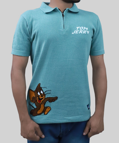 Knitted T-shirt Men Tom&Jerry Pattern